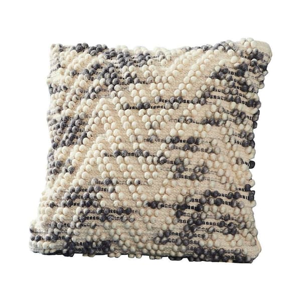 Benjara Cream and Gray Beaded Chevron Removable Decorative 18 in. x 18 in. Throw Pillow Cover