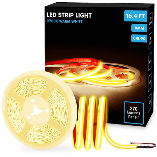 LUXRITE 16.4 ft. 50-Watt Equivalent Integrated LED White Strip Light Fixture 2700K, 8mm, 270 Lumens/FT, Cut to Length