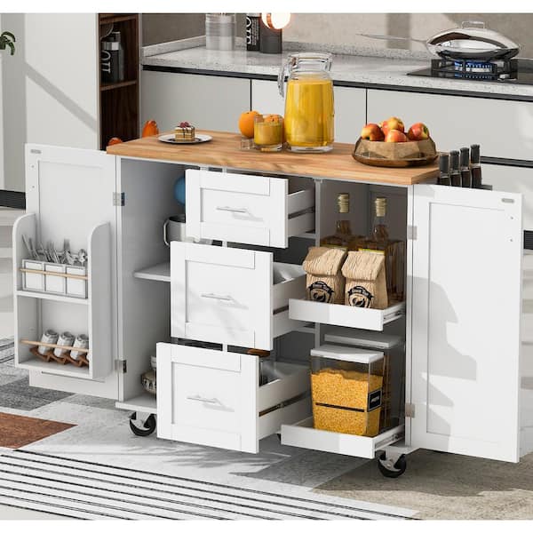 ARTCHIRLY White Rubber Wood Top 51.4 in. Kitchen Island with 3-Drawer, 2-Slide-Out Shelf, and Internal Storage Rack
