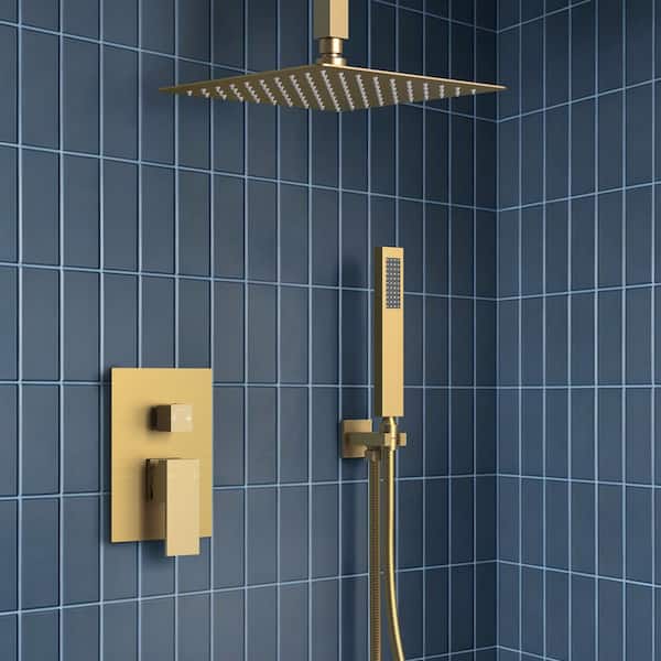 2-Spray 10 in. Square Ceiling Mount Dual and Handheld Shower Head 2.5 GPM in Brushed Gold (Valve Included)