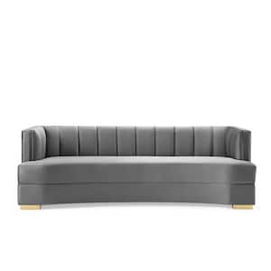 Encompass 85 in. Gray Channel Tufted Velvet 3-Seater Curved Tuxedo Sofa with Square Arms