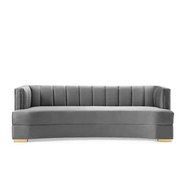 MODWAY Encompass 85 in. Gray Channel Tufted Velvet 3-Seater Curved Tuxedo Sofa with Square Arms