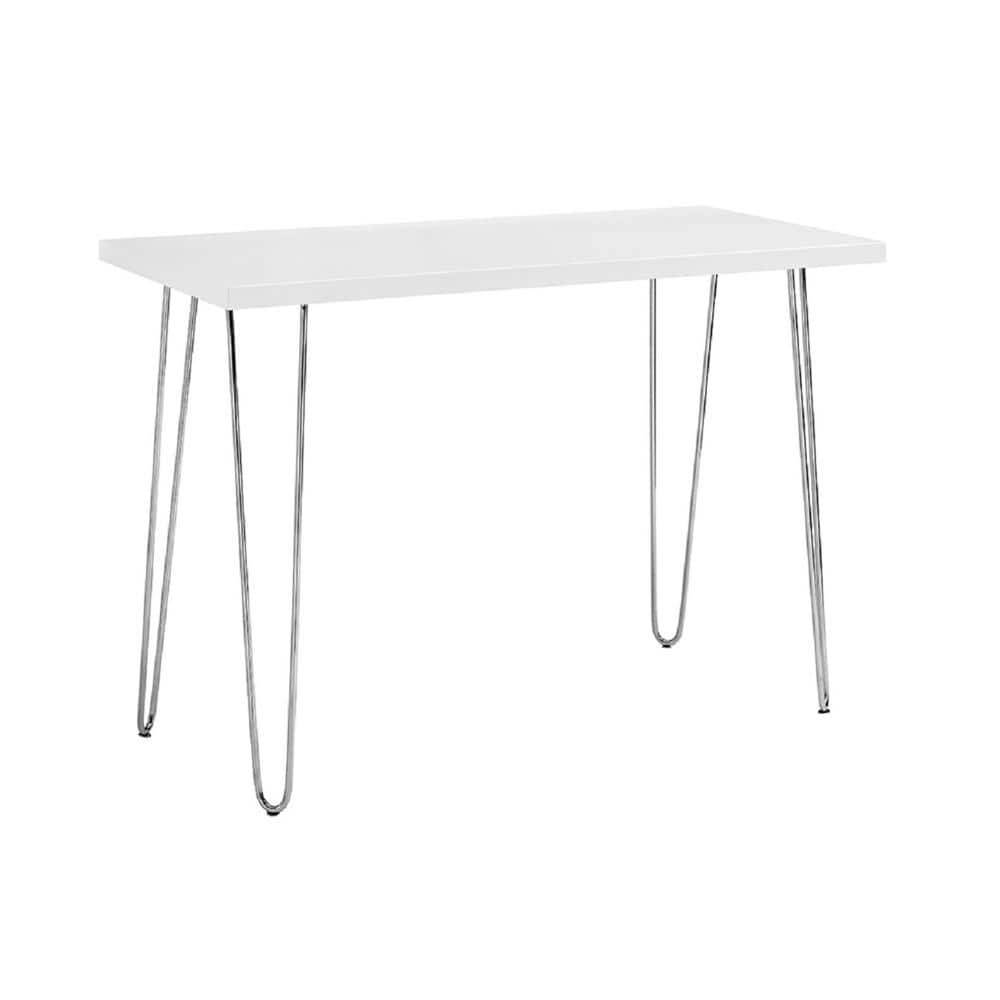 White Wood Writing Desk with Chrome Hairpin Legs, 42 Inch