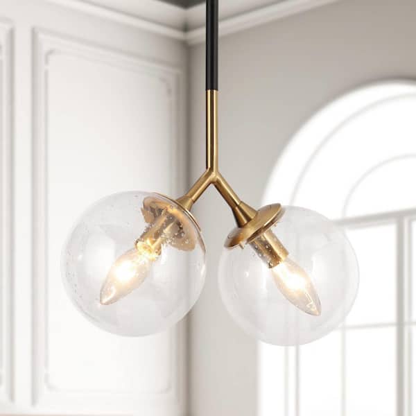 Uolfin Modern 2-Light Black and Brass Pendant Light Globe Chandelier for Kitchen Island with Seeded Glass Shades