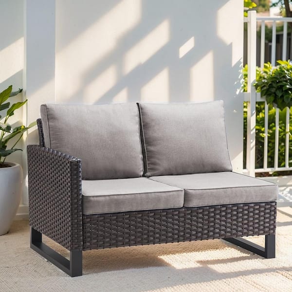 Gymojoy Valenta Brown Wicker Outdoor Loveseat with Gray Cushions