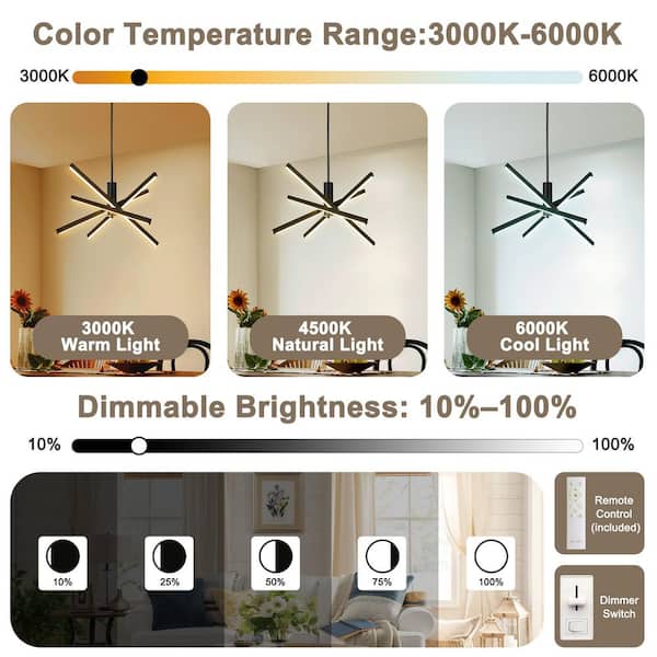 Lume Modern Linear Chandelier 4 Light Integrated LED in Black Sputnik Industrial Cylinder Pendant for Dining Room