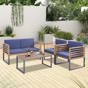 4-Piece Acacia Wood Patio Conversation Set Chair Table Loveseat Furniture Set Outdoor with Navy Cushions