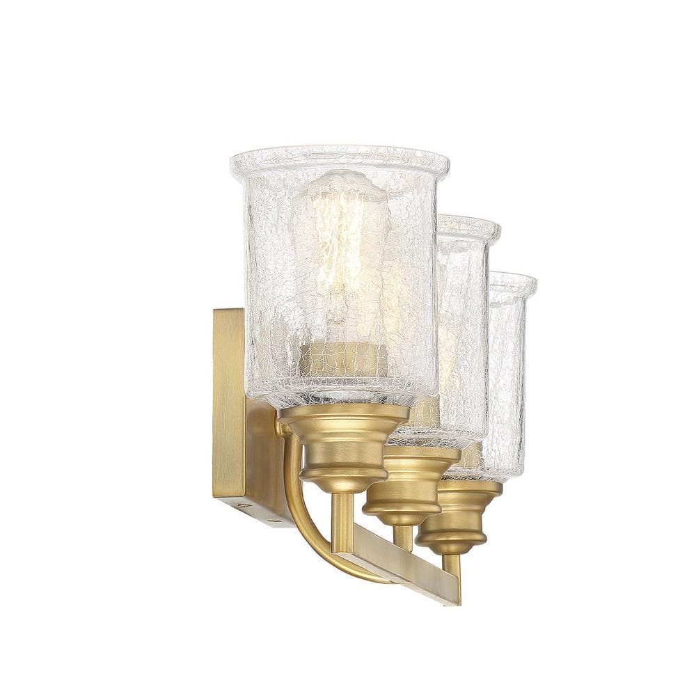 Hampton Warm Brass 3-Light Vanity with Crackle Glass Shades