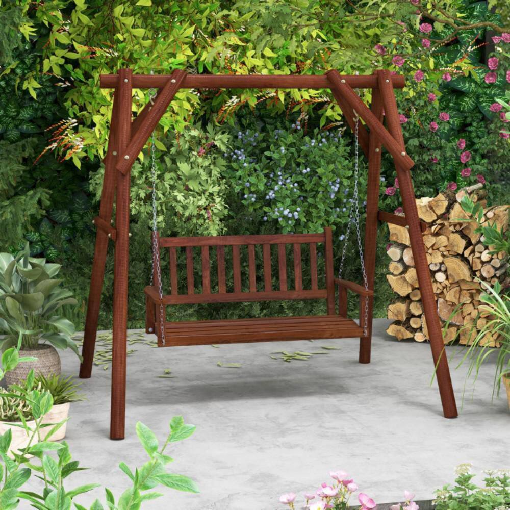 Brown Poplar Wood 3-Person Outdoor Porch Swing with Metal Chains