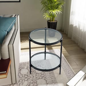 21.65 in. Black Frame Round Glass Top End Table with Storage Shelf