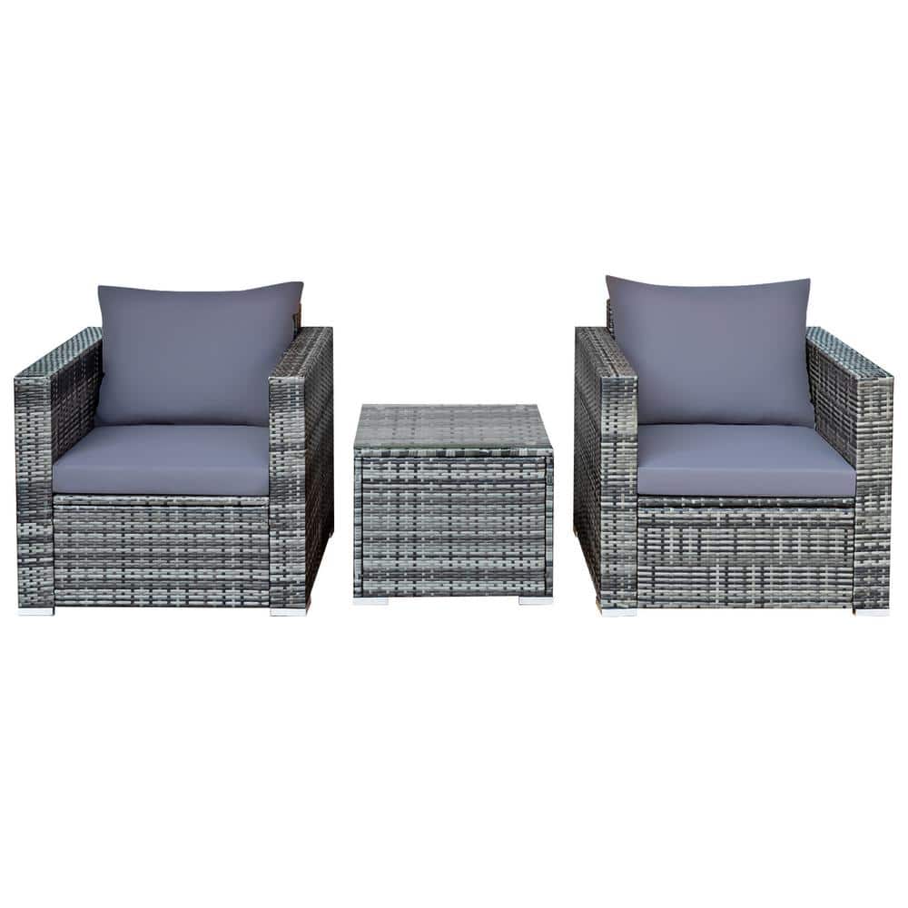 3-Piece Wicker Patio Conversation Set Bistro Rattan Sofa Chair with Grey Cushions price history on PriceWatchPro