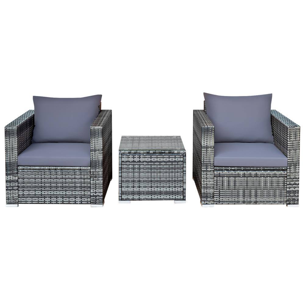 Gray Wicker 3-Piece Outdoor Patio Set with Cushions