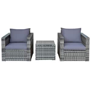 3-Piece Wicker Patio Conversation Set Bistro Rattan Sofa Chair with Grey Cushions