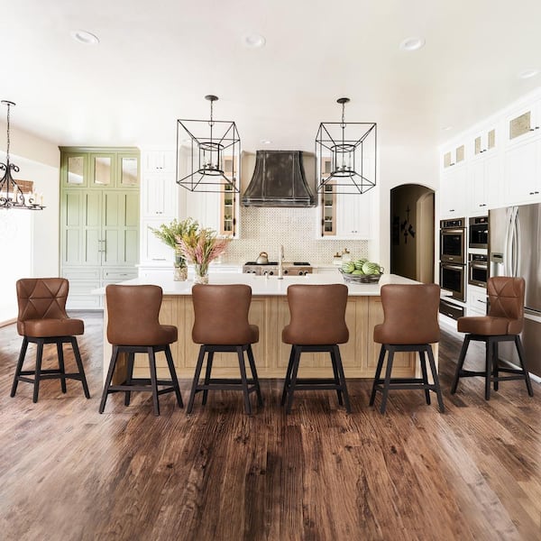 OrangeOne Hampton 26 in. Dark Brown Solid Wood Frame Counter Stool with Back Faux Leather Upholstered Swivel Bar Stool Set of 6