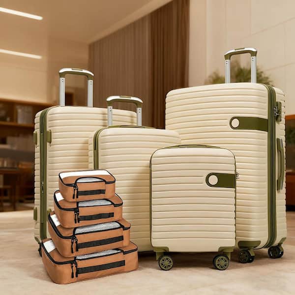 4 Bags 4-Piece White and Green Expandable ABS Hardshell Spinner 16"20"24"28" Luggage Set with 4 Packing Cubes, TSA Lock