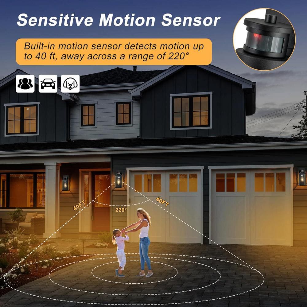 Matte Black Motion Sensor Outdoor Wall Lantern Set