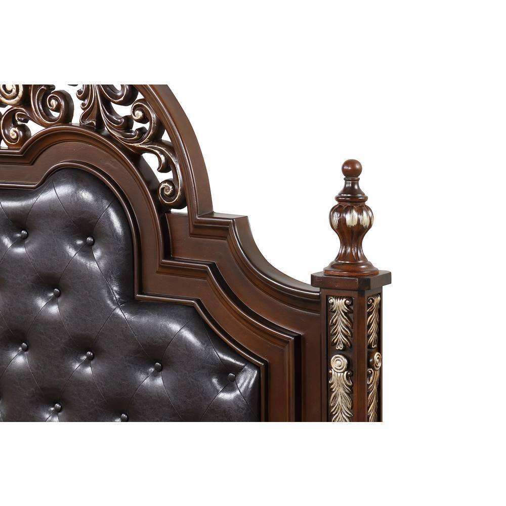 Close-up of the headboard carving and upholstery
