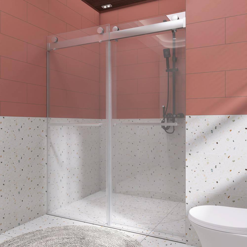 60" Chrome Frameless Double Sliding Shower Door with Clear Glass