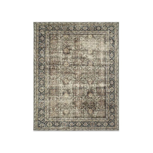 8 x 10 Large Brown Low Pile Retro Rug, Washable Accent Rug for Dining Room Living Room