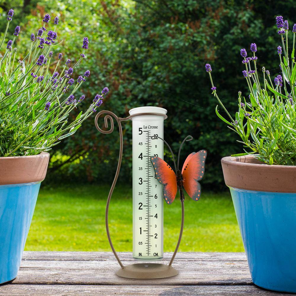 Handcrafted Glass Rain Gauge with Orange Butterfly and Metal Stand