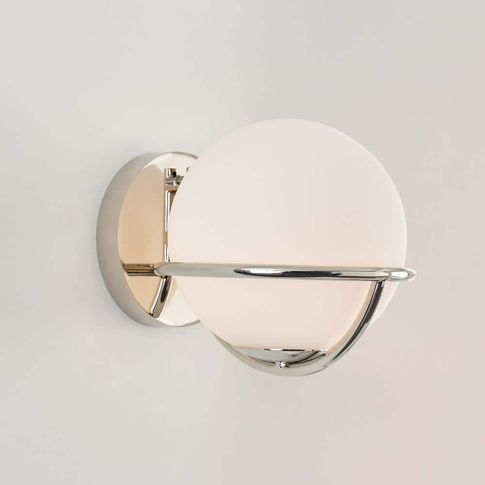 Ellen Crafted Polished Nickel 1-Light Wall Sconce with White Opal Glass