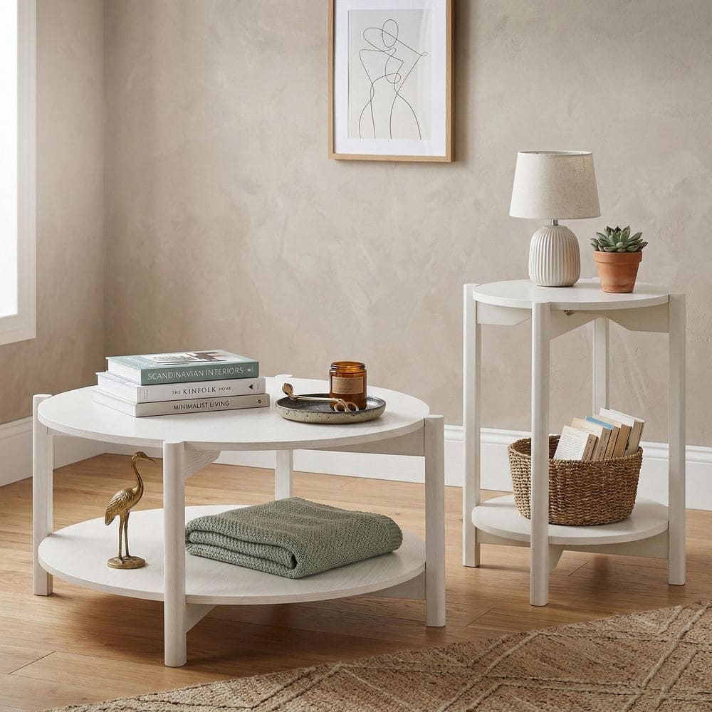 Elix 2-Piece 34.4 in. White Round Wood Coffee Table Set with Open Bottom Shelves price history on PriceWatchPro