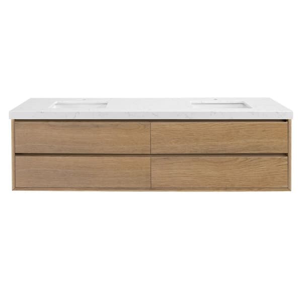 Solenne 84 in. Double Sink Floating Bath Vanity in Natural Oak with White Carrara Engineered Stone Top