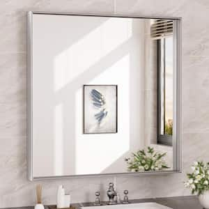 36 in. W x 36 in. H Rectangular Framed Aluminum Square Corner Wall Mount Bathroom Vanity Mirror in Brushed Silver