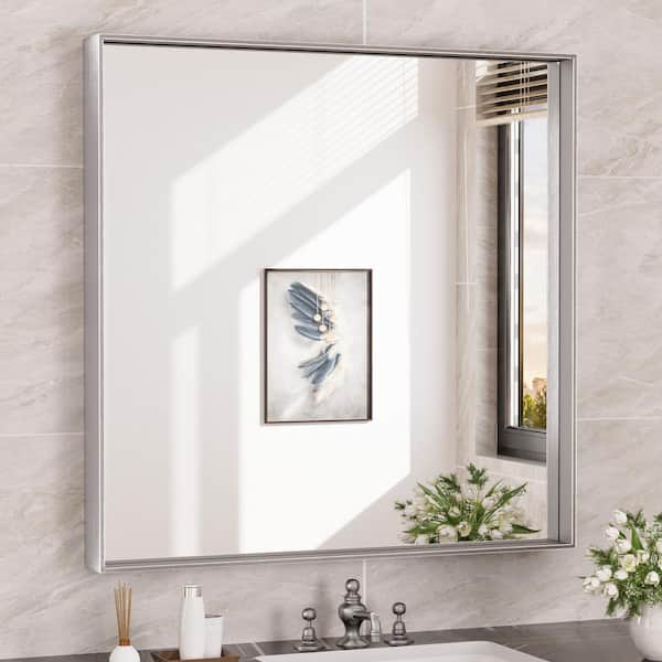 KeonJinn 36 in. W x 36 in. H Rectangular Framed Aluminum Square Corner Wall Mount Bathroom Vanity Mirror in Brushed Silver