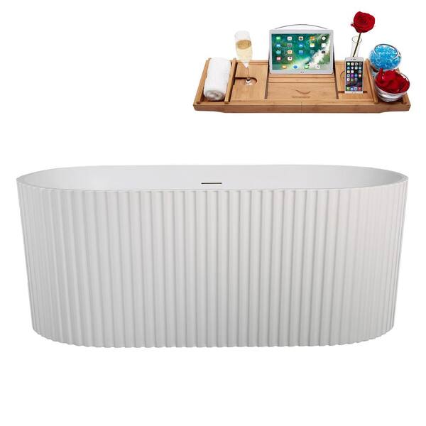 Streamline 59 in. x 30 in. Acrylic Freestanding Soaking Bathtub in Glossy White with Matte Black Drain, Bamboo Tray
