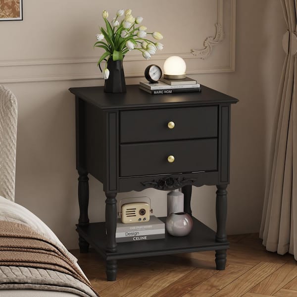 2 Drawers And Open Shelf, Black Wooden Nightstand, End Table, Dresser, 19. 7in. W x 16. 9in. D x 25. 2in. H