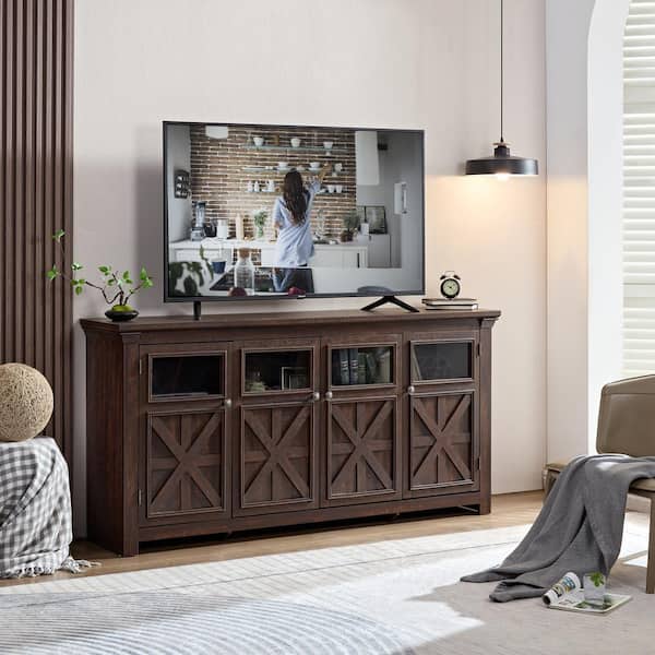 FUNKOL 68.3 in. x 15.35 in. x 34.65 in. Vintage MDF Ready to Assemble Base Storage Cabinet in Espresso with 4-Doors