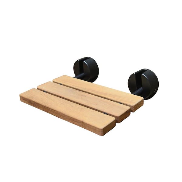20 in. Teak Wall-Mount Shower Seat with Round Brackets in Matte Black