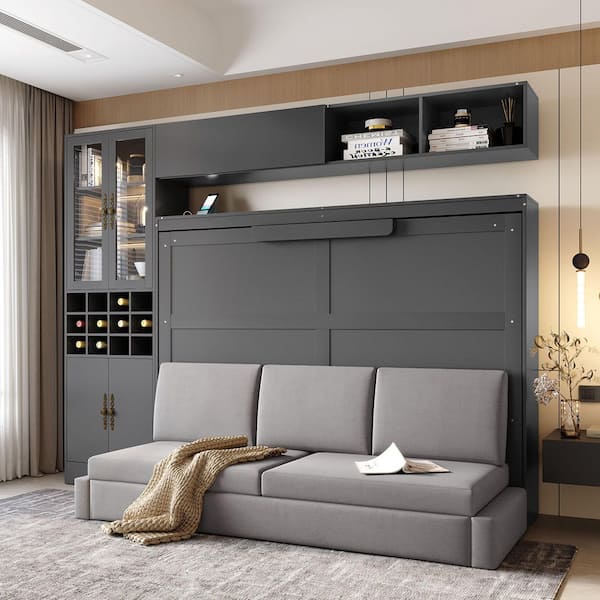 Gray Wood Frame Full Size Murphy Bed with Sofa, Shelves USB and Light