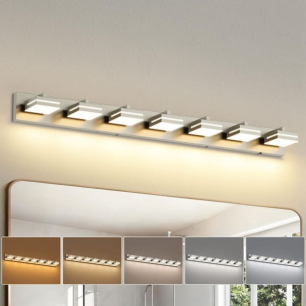 48 in. 7-Light Nickel LED Bathroom Vanity Light with 5-CCT Adjustable Switch and Acrylic Lampshade