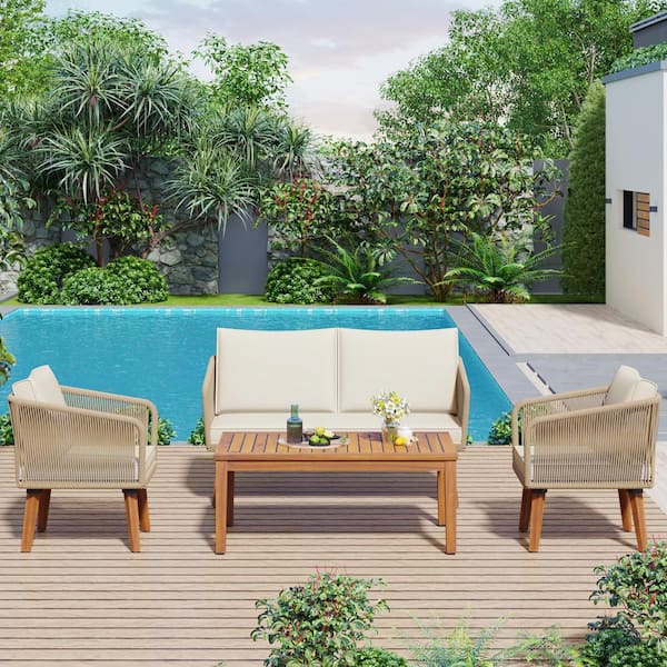 4-Piece Wood Patio Conversation Set with Solid Wood Loveseat, 2 Chairs and Tables, Beige Cushion and Natural Woven Rope