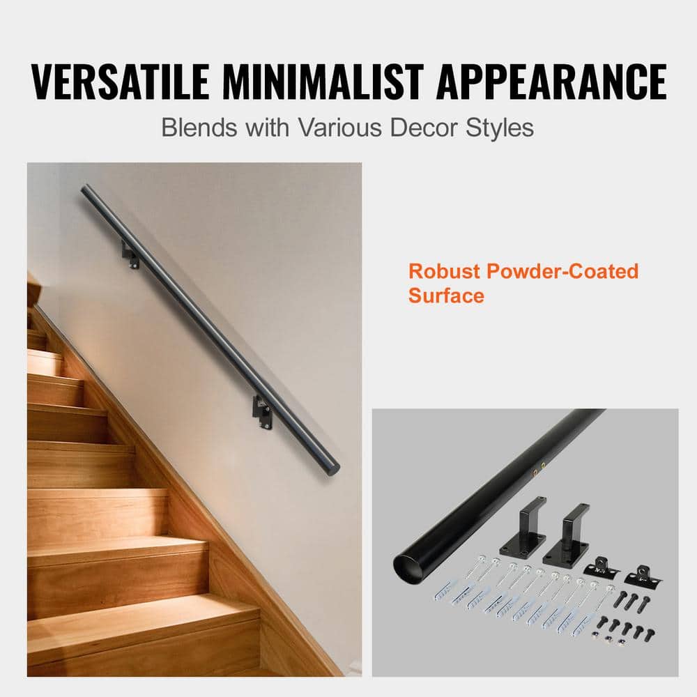 Black Aluminum Alloy Wall Mount Stair Handrail, 60" Length