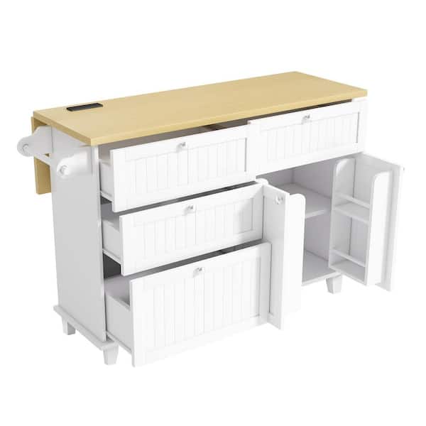 47.6 in. W 3-Piece Farmhouse White Wood Top Kitchen Island Set with 2 Stools Seats 2