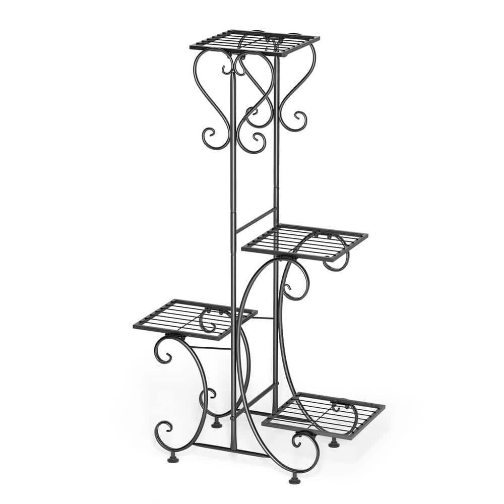 34.2 in. Metal Plant Stand Black 4-Tier Flower Pot Display Rack with Potted