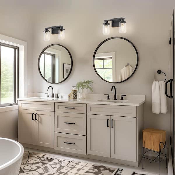 14 in. 2-Light Matte Black Cylinder Glass Shade Vanity Light for Bathroom with Dimmable No Bulbs Included