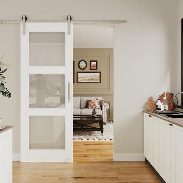 ARK DESIGN 30 in. x 80 in. 3-Lite Tempered Clear Glass White Primed Solid Core MDF Sliding Barn Door with Hardware Kit Nickel
