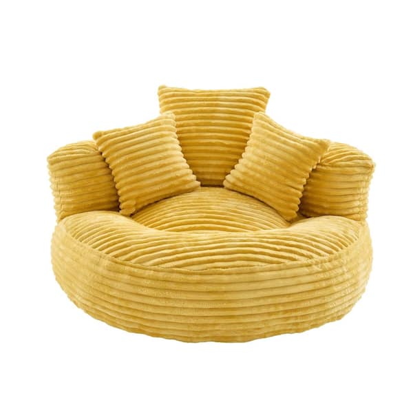 Mustard Yellow Corduroy Oversized Bean Bag with Armrest & 3 Pillows, High-Density Memory Foam Filler for Living Room