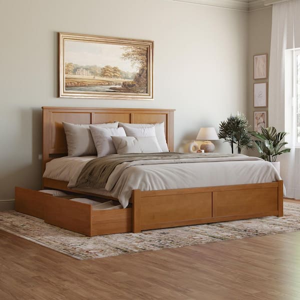 Madison Light Toffee Natural Bronze Solid Wood Frame King Platform Bed with Footboard and Storage Drawers