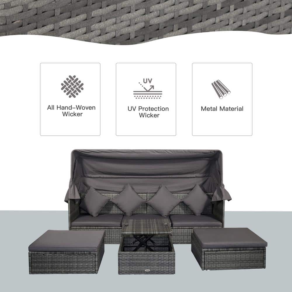 Gray Steel 4-Piece Outdoor Rattan Sofa Set with Adjustable Canopy
