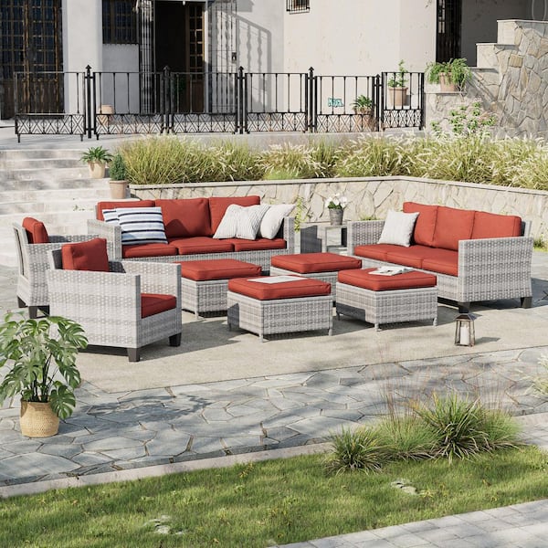 9-Piece Patio Sofa Set Gray Wicker Outdoor Furniture Set with Side Table, Rust Red