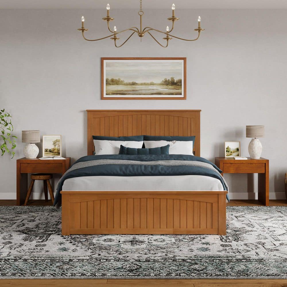 Naples Queen Light Toffee Solid Wood Platform Bed with Headboard and Footboard