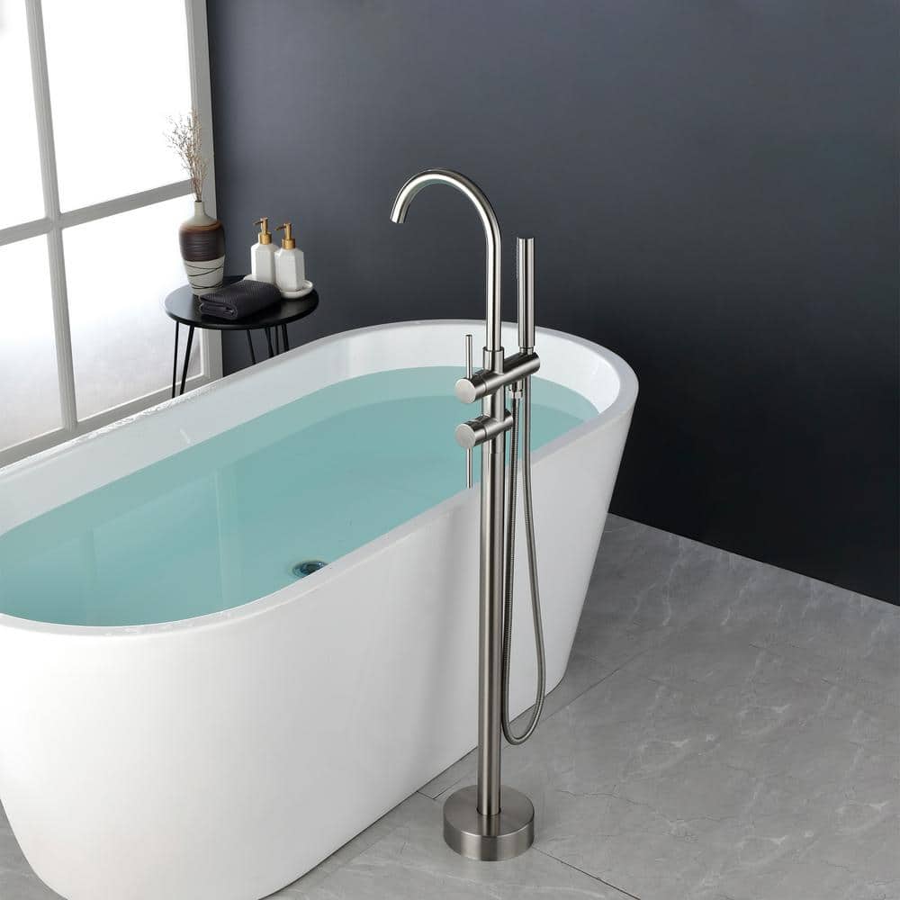 Brushed Nickel Freestanding Tub Filler with Hand Shower