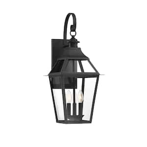 Jackson 10.88 in. W x 25.5 in. H 3-Light Matte Black/Gold Hardwired Outdoor Wall Lantern Sconce with Clear Glass Shade