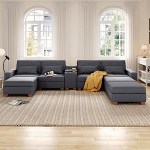 123 in. Wide Square Arm Linen U-Shaped 7-Seats Sofa in Dark Grey with Storage Compartments and Console