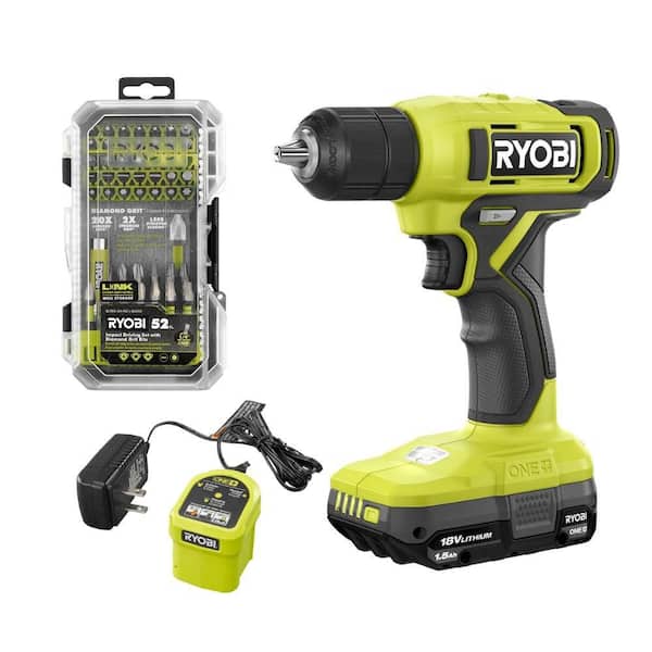 ONE+ 18V Cordless 3/8 in. Drill/Driver Kit with 1.5 Ah Battery, Charger, and Diamond Grit Driving Set (52-Piece)